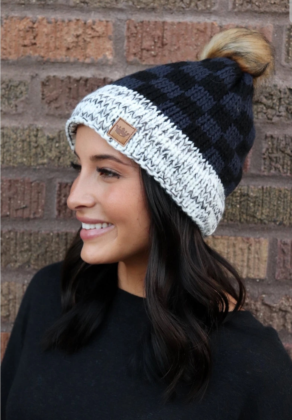 Navy And Black Checkered Knit Hat